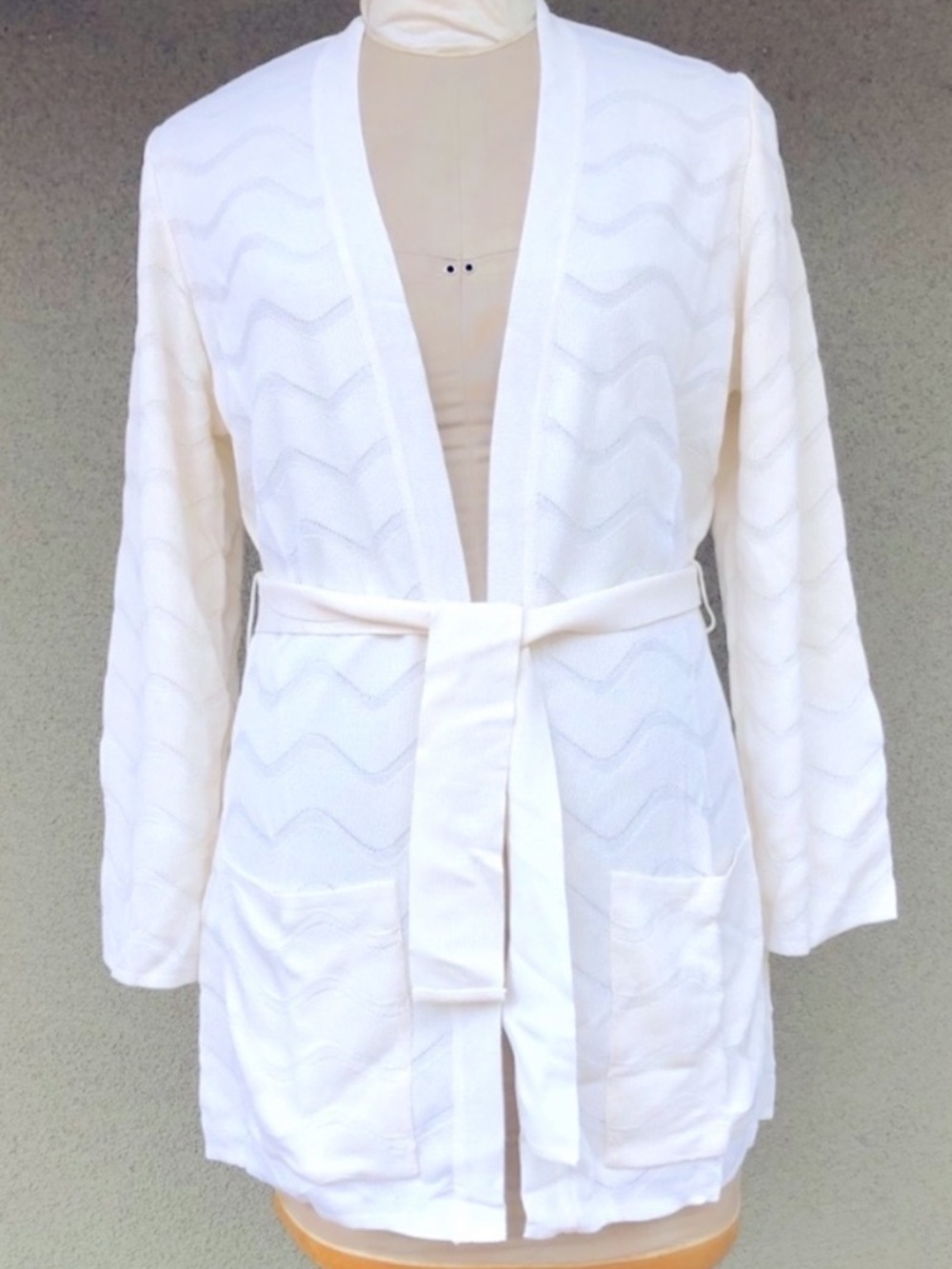 Herve Leger 1990s white zig-zag knit tie front sweater